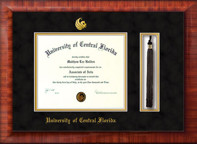 Image of University of Central Florida Diploma Frame - Mezzo Gloss - w/Embossed UCF Seal & Name - Tassel Holder - Black Suede on Gold mat