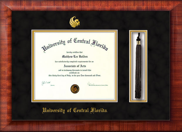 Image of University of Central Florida Diploma Frame - Mezzo Gloss - w/Embossed UCF Seal & Name - Tassel Holder - Black Suede on Gold mat