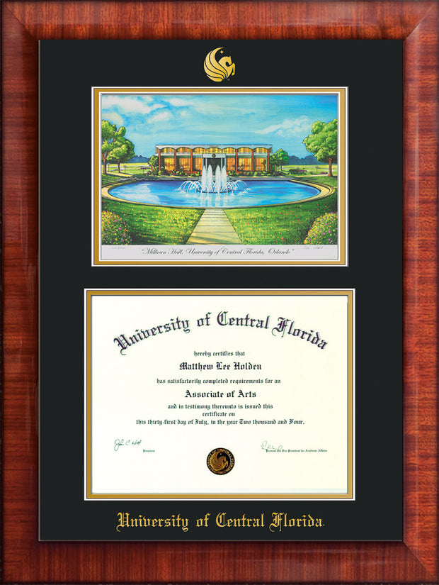 Image of University of Central Florida Diploma Frame - Mezzo Gloss - w/Embossed UCF Seal & Name - Watercolor - Black on Gold mat