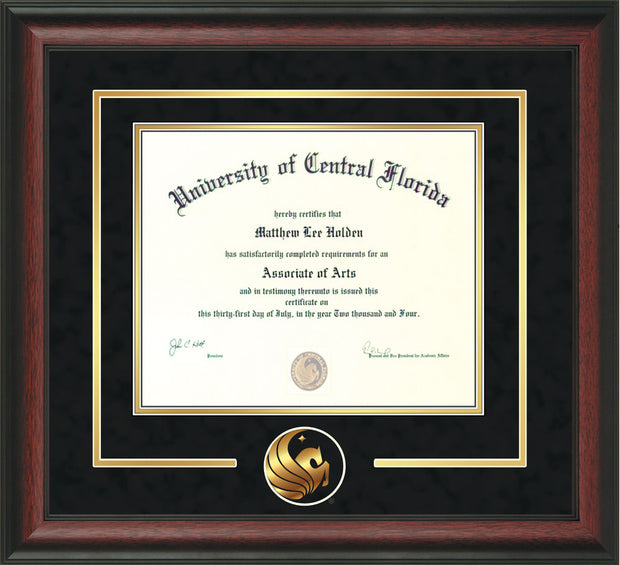 University of Central Florida Diploma Frame - Rosewood - 3D Laser Pegasus Logo Cutout - Black Suede on Gold mat