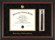 Image of University of Central Florida Diploma Frame - Rosewood - w/Embossed UCF Seal & Name - Tassel Holder - Black Suede on Gold mat