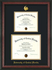 Image of University of Central Florida Diploma Frame - Rosewood - w/Embossed UCF Seal & Name - Double Diploma for 8.5x11 & 11x14 diplomas - Black on Gold mats