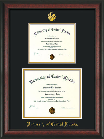 Image of University of Central Florida Diploma Frame - Rosewood - w/Embossed UCF Seal & Name - Double Diploma for 8.5x11 & 11x14 diplomas - Black on Gold mats