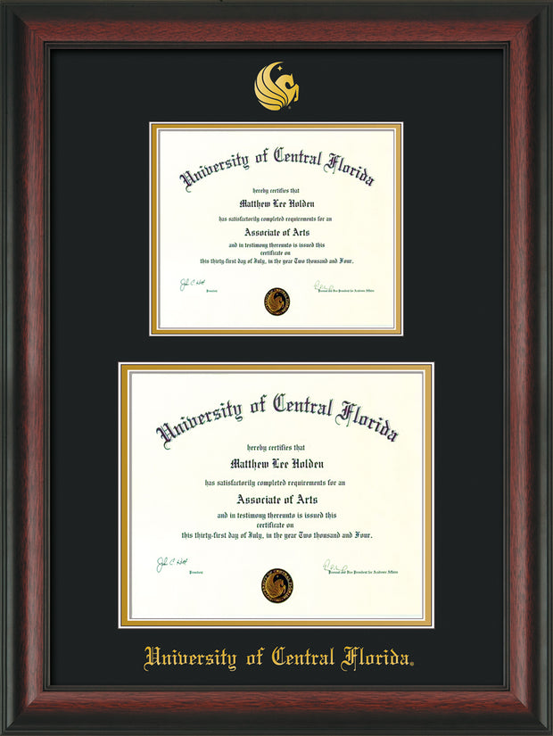 Image of University of Central Florida Diploma Frame - Rosewood - w/Embossed UCF Seal & Name - Double Diploma for 8.5x11 & 11x14 diplomas - Black on Gold mats