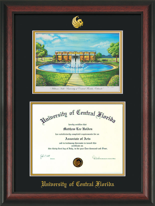 Image of University of Central Florida Diploma Frame - Rosewood - w/Embossed UCF Seal & Name - Watercolor - Black on Gold mat