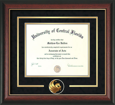 University of Central Florida Diploma Frame - Rosewood w/Gold Lip - 3D Laser Pegasus Logo Cutout - Black Suede on Gold mat