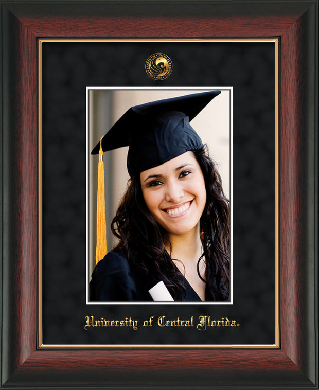 University of Central Florida 5 x 7 Photo Frame - Rosewood w/Gold Lip - w/Official Embossing of UCF Seal & Name - Single Black Suede mat