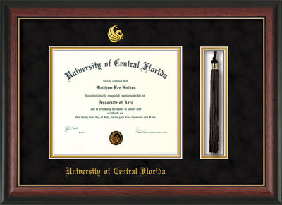 Image of University of Central Florida Diploma Frame - Rosewood w/Gold Lip - w/Embossed UCF Seal & Name - Tassel Holder - Black Suede on Gold mat