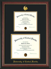 Image of University of Central Florida Diploma Frame - Rosewood with Gold Lip - w/Embossed UCF Seal & Name - Double Diploma for 8.5x11 & 11x14 diplomas - Black on Gold mats