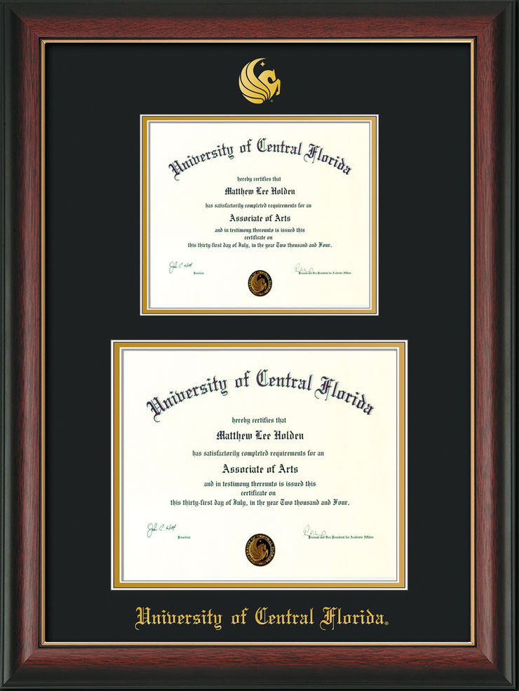 Image of University of Central Florida Diploma Frame - Rosewood with Gold Lip - w/Embossed UCF Seal & Name - Double Diploma for 8.5x11 & 11x14 diplomas - Black on Gold mats