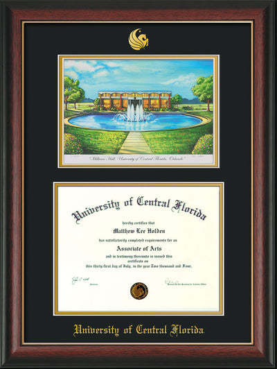 Image of University of Central Florida Diploma Frame - Rosewood w/Gold Lip - w/Embossed UCF Seal & Name - Watercolor - Black on Gold mat
