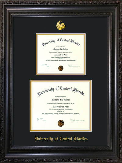 Image of University of Central Florida Diploma Frame - Vintage Black Scoop - w/Embossed UCF Seal & Name - Double Diploma for 8.5x11 & 11x14 diplomas - Black on Gold mats