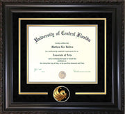 Image of University of Central Florida Diploma Frame - Vintage Black Scoop - 3D Laser Pegasus Logo Cutout - Black Suede on Gold mat