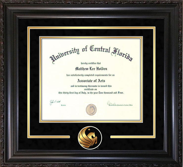 Image of University of Central Florida Diploma Frame - Vintage Black Scoop - 3D Laser Pegasus Logo Cutout - Black Suede on Gold mat