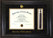 Image of University of Central Florida Diploma Frame - Vintage Black Scoop - w/Embossed UCF Seal & Name - Tassel Holder - Black Suede on Gold mat
