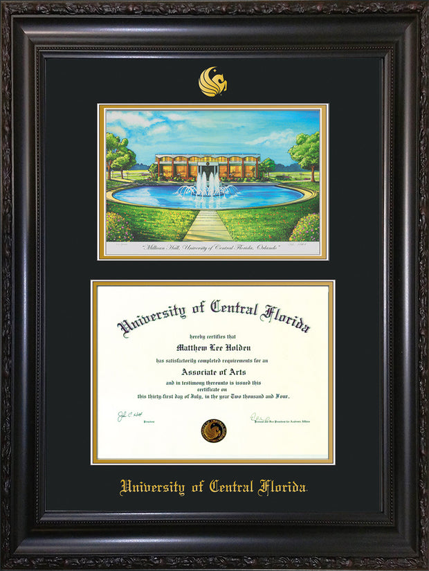 Image of University of Central Florida Diploma Frame - Rosewood w/Gold Lip - w/Embossed UCF Seal & Name - Watercolor - Black on Gold mat