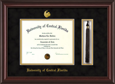 Image of University of Central Florida Diploma Frame - Mahogany Lacquer - w/Embossed UCF Seal & Name - Tassel Holder - Black Suede on Gold mat