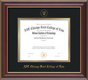 Image of Chicago-Kent College of Law Diploma Frame - Cherry Lacquer - w/Embossed CKCL Seal & Name - Museum Glass - Black on Gold mat