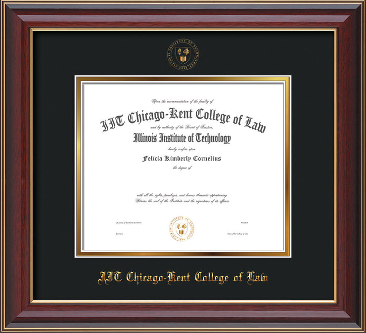 Image of Chicago-Kent College of Law Diploma Frame - Cherry Lacquer - w/Embossed CKCL Seal & Name - UV Glass - Black on Gold mat