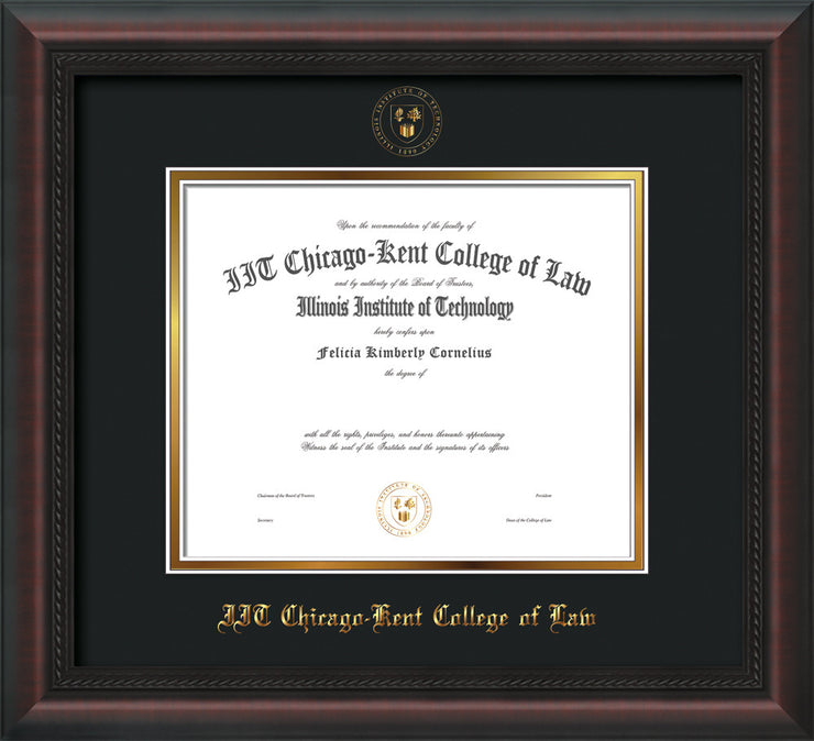 Image of Chicago-Kent College of Law Diploma Frame - Mahogany Braid - w/Embossed CKCL Seal & Name - Museum Glass - Black on Gold mat