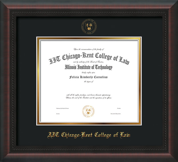 Image of Chicago-Kent College of Law Diploma Frame - Mahogany Braid - w/Embossed CKCL Seal & Name - UV Glass - Black on Gold mat