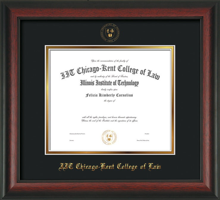 Image of Chicago-Kent College of Law Diploma Frame - Rosewood - w/Embossed CKCL Seal & Name - UV Glass - Black on Gold mat