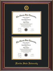 Image of Florida State University Diploma Frame - Cherry Lacquer - w/Embossed FSU Seal & Name - Double Diploma - Black on Gold mats