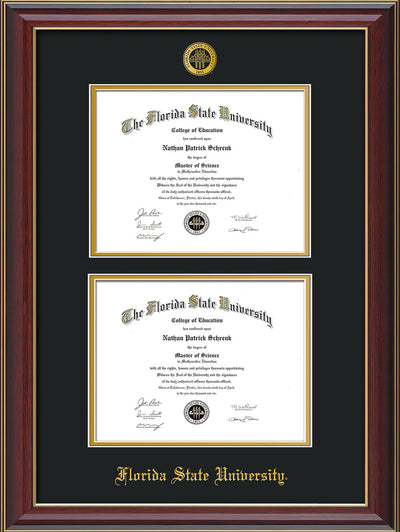 Image of Florida State University Diploma Frame - Cherry Lacquer - w/Embossed FSU Seal & Name - Double Diploma - Black on Gold mats