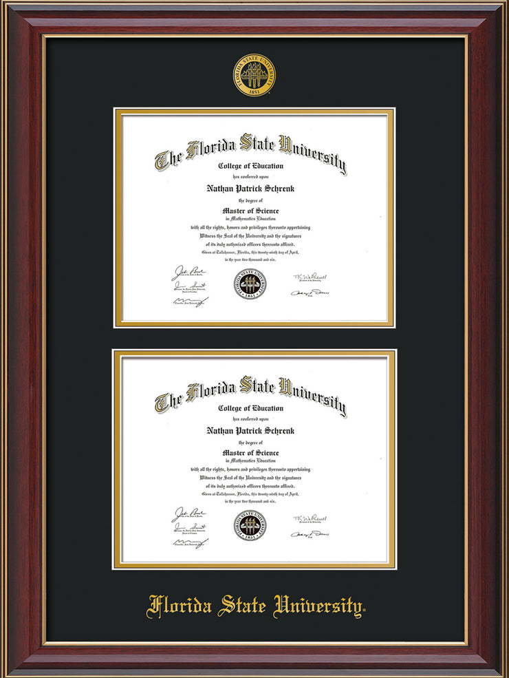 Image of Florida State University Diploma Frame - Cherry Lacquer - w/Embossed FSU Seal & Name - Double Diploma - Black on Gold mats