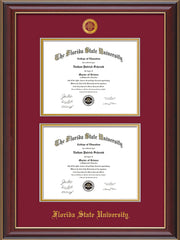 Image of Florida State University Diploma Frame - Cherry Lacquer - w/Embossed FSU Seal & Name - Double Diploma - Garnet on Gold mats