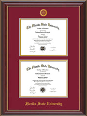 Image of Florida State University Diploma Frame - Cherry Lacquer - w/Embossed FSU Seal & Name - Double Diploma - Garnet on Gold mats