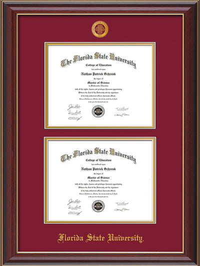 Image of Florida State University Diploma Frame - Cherry Lacquer - w/Embossed FSU Seal & Name - Double Diploma - Garnet on Gold mats
