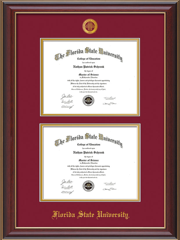 Image of Florida State University Diploma Frame - Cherry Lacquer - w/Embossed FSU Seal & Name - Double Diploma - Garnet on Gold mats