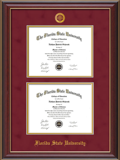 Image of Florida State University Diploma Frame - Cherry Lacquer - w/Embossed FSU Seal & Name - Double Diploma - Garnet Suede on Gold mats