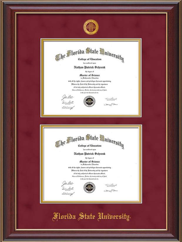 Image of Florida State University Diploma Frame - Cherry Lacquer - w/Embossed FSU Seal & Name - Double Diploma - Garnet Suede on Gold mats