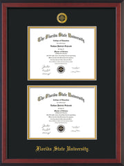 Image of Florida State University Diploma Frame - Cherry Reverse - w/Embossed FSU Seal & Name - Double Diploma - Black on Gold mats