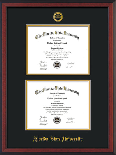 Image of Florida State University Diploma Frame - Cherry Reverse - w/Embossed FSU Seal & Name - Double Diploma - Black on Gold mats