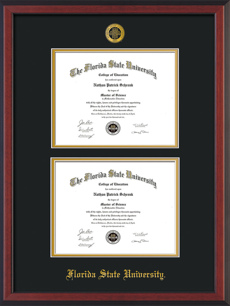 Image of Florida State University Diploma Frame - Cherry Reverse - w/Embossed FSU Seal & Name - Double Diploma - Black on Gold mats
