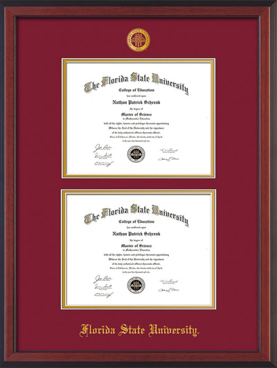 Image of Florida State University Diploma Frame - Cherry Reverse - w/Embossed FSU Seal & Name - Double Diploma - Garnet on Gold mats