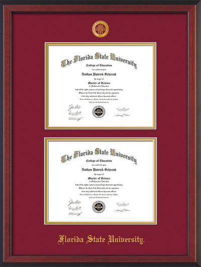 Image of Florida State University Diploma Frame - Cherry Reverse - w/Embossed FSU Seal & Name - Double Diploma - Garnet on Gold mats