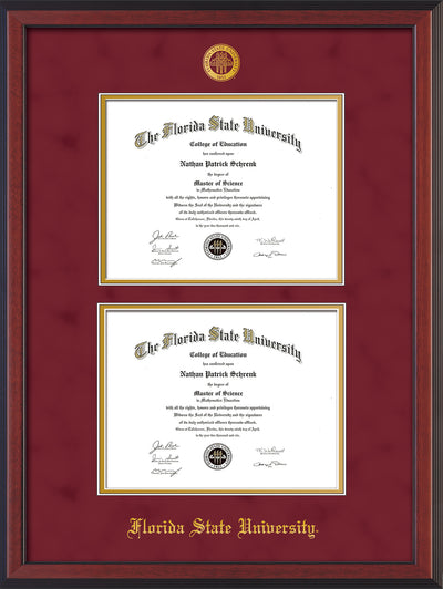 Image of Florida State University Diploma Frame - Cherry Reverse - w/Embossed FSU Seal & Name - Double Diploma - Garnet Suede on Gold mats