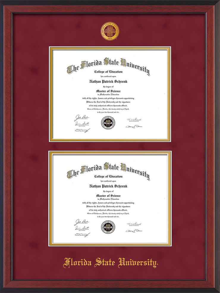 Image of Florida State University Diploma Frame - Cherry Reverse - w/Embossed FSU Seal & Name - Double Diploma - Garnet Suede on Gold mats