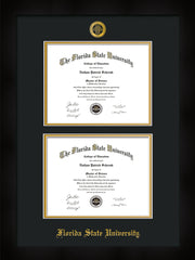 Image of Florida State University Diploma Frame - Flat Matte Black - w/Embossed FSU Seal & Name - Double Diploma - Black on Gold mats