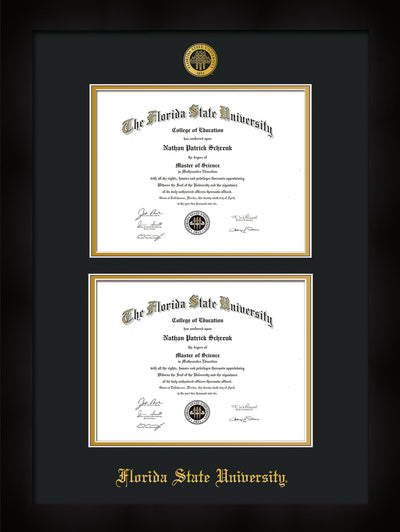 Image of Florida State University Diploma Frame - Flat Matte Black - w/Embossed FSU Seal & Name - Double Diploma - Black on Gold mats