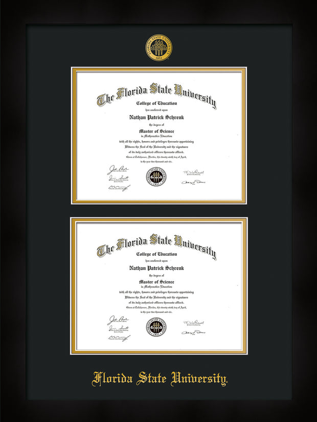 Image of Florida State University Diploma Frame - Flat Matte Black - w/Embossed FSU Seal & Name - Double Diploma - Black on Gold mats