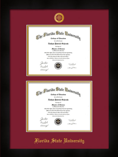 Image of Florida State University Diploma Frame - Flat Matte Black - w/Embossed FSU Seal & Name - Double Diploma - Garnet on Gold mats