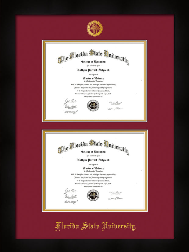 Image of Florida State University Diploma Frame - Flat Matte Black - w/Embossed FSU Seal & Name - Double Diploma - Garnet on Gold mats