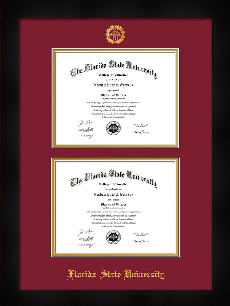 Image of Florida State University Diploma Frame - Flat Matte Black - w/Embossed FSU Seal & Name - Double Diploma - Garnet on Gold mats