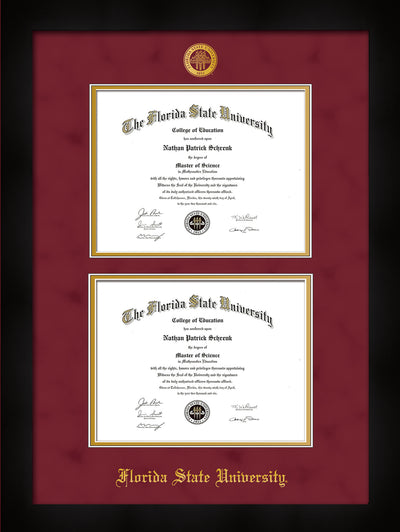 Image of Florida State University Diploma Frame - Flat Matte Black - w/Embossed FSU Seal & Name - Double Diploma - Garnet Suede on Gold mats