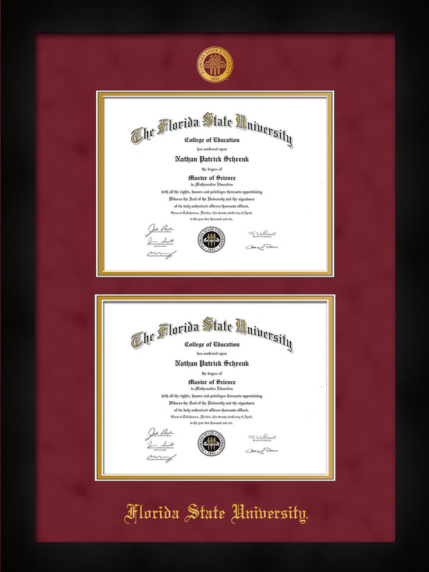 Image of Florida State University Diploma Frame - Flat Matte Black - w/Embossed FSU Seal & Name - Double Diploma - Garnet Suede on Gold mats
